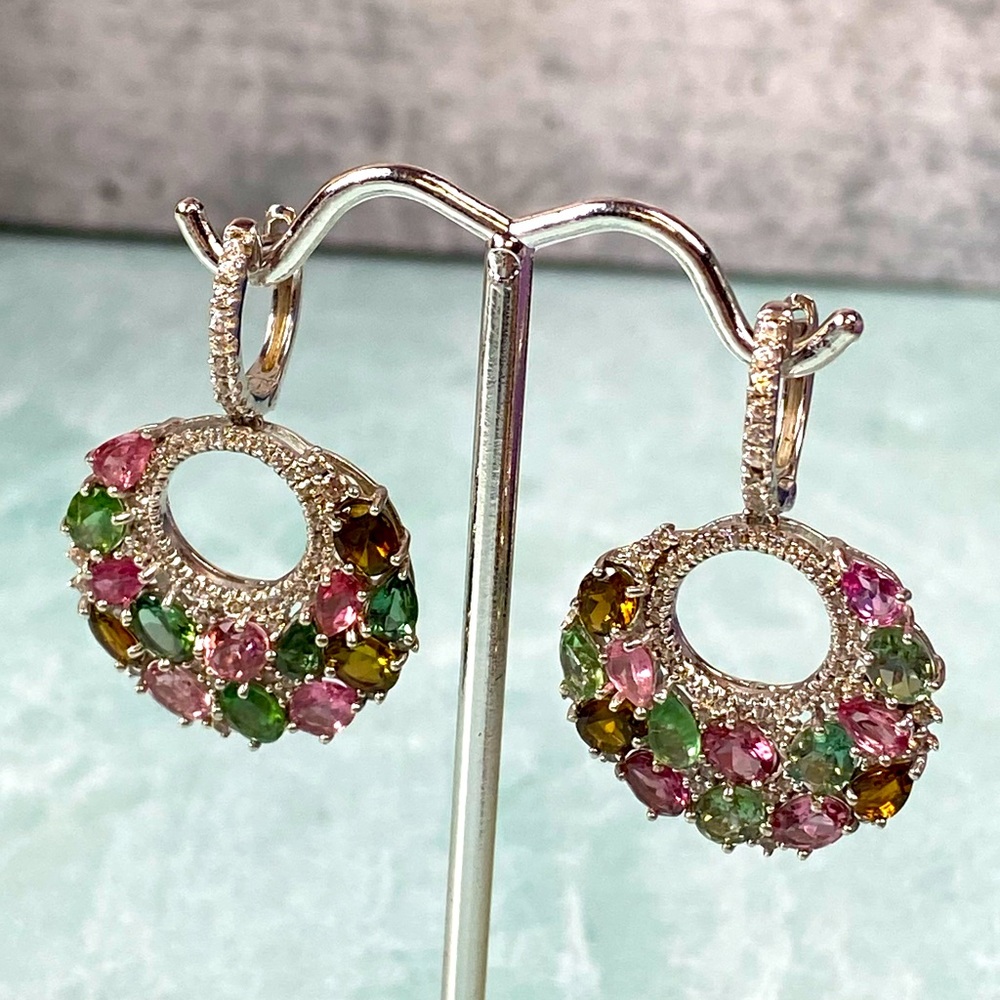 SD stamped .925 sterling silver and tourmaline gemstone circle dangle earrings